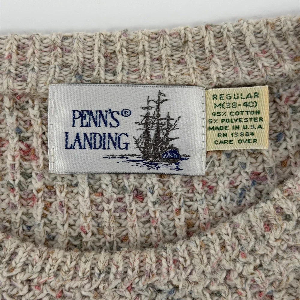 Vintage‎ Penn's Landing Crewneck Sweater Mens M Oatmeal Speckled Ribbed Knit USA